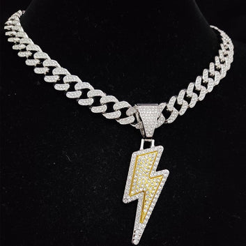 Hip Hop Lightning Pendant Necklace with Iced Out Cuban Chain