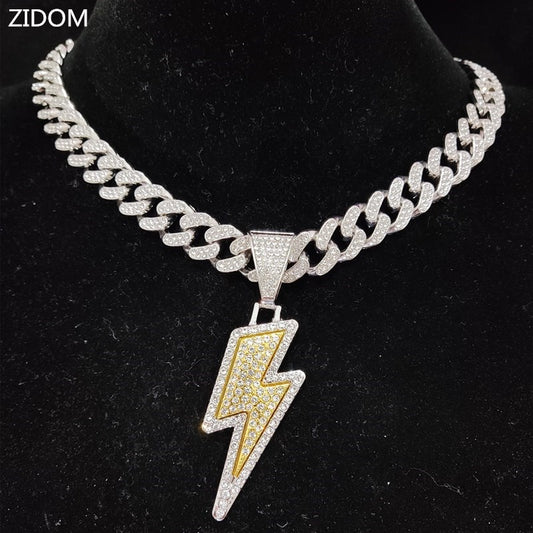 Hip Hop Lightning Pendant Necklace with Iced Out Cuban Chain