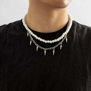 Punk Pearl Spikes Cross Pendant Necklace Set