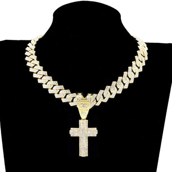 Hip Hop Iced-Out Cross Pendant with Crystal Cuban Chain